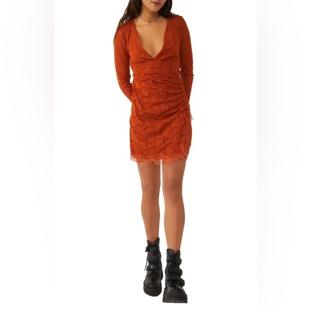 Free People | Pearl Lace Long Sleeve Mini Dress In Spanish Chestnut S